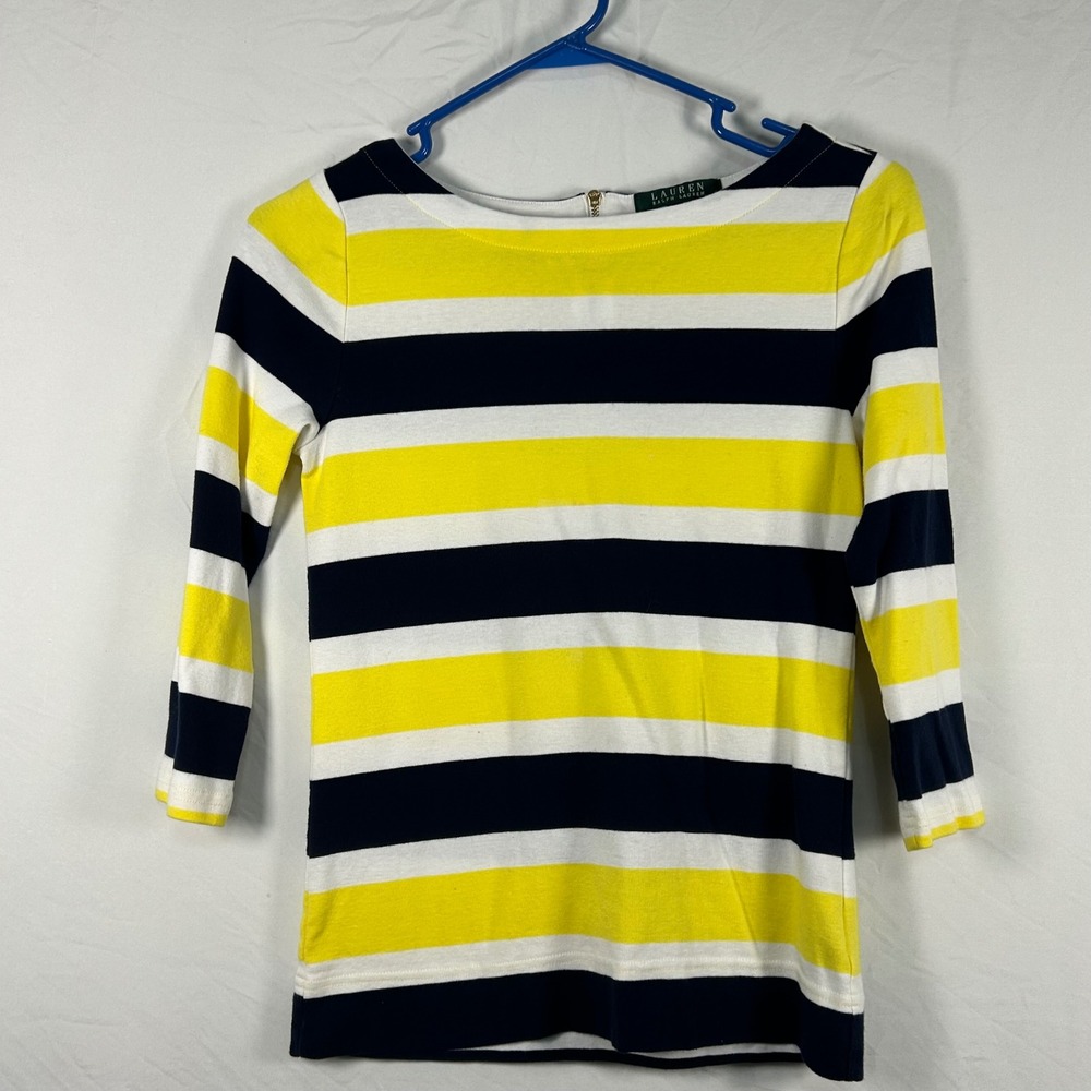 Lauren Ralph Lauren Top Womens Medium Yellow Navy Striped 3/4 Sleeve Boat Neck